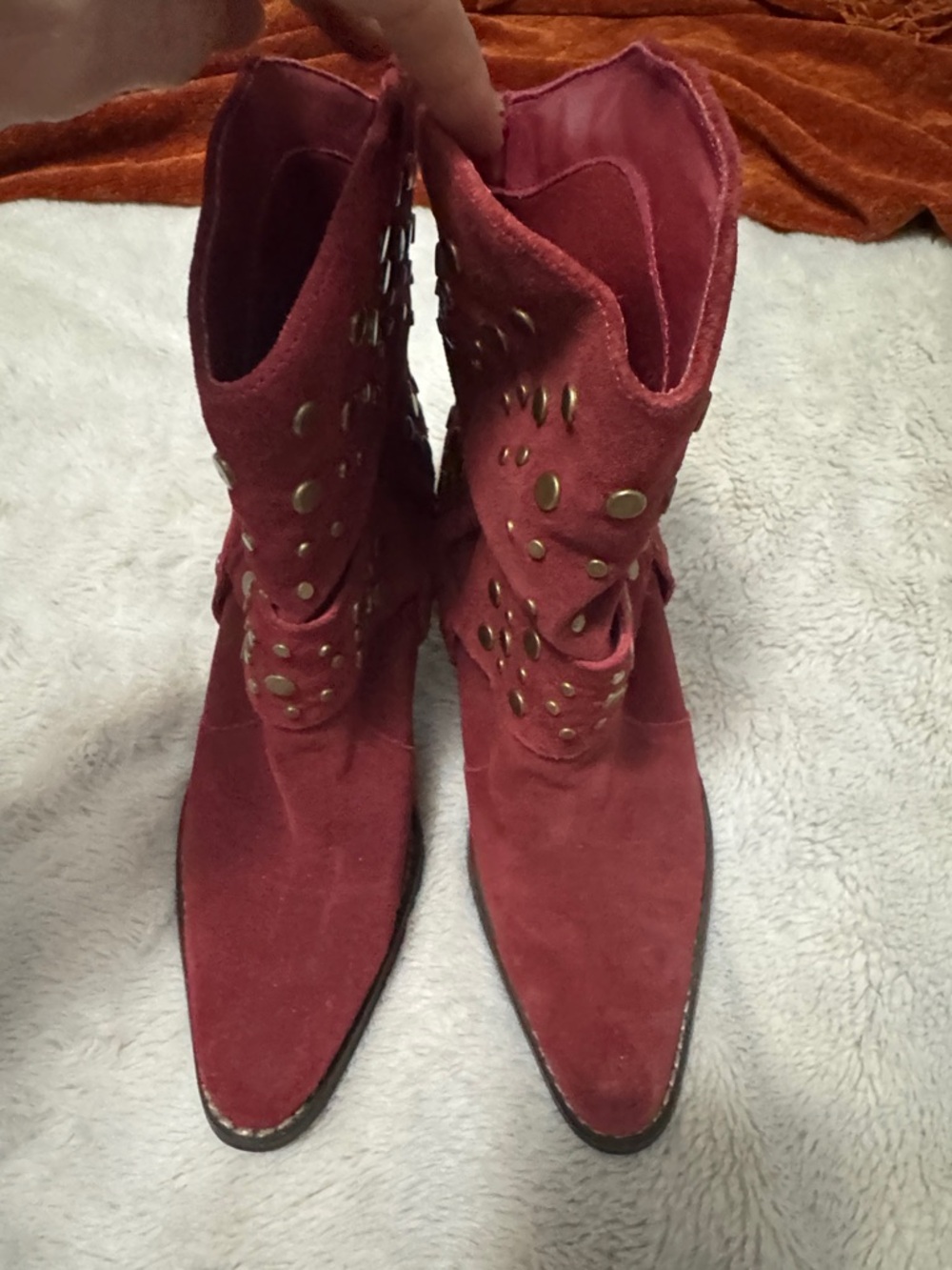 Bijou | Jessica Red Suede Studded Western Booties | 7 - Picture 3 of 9